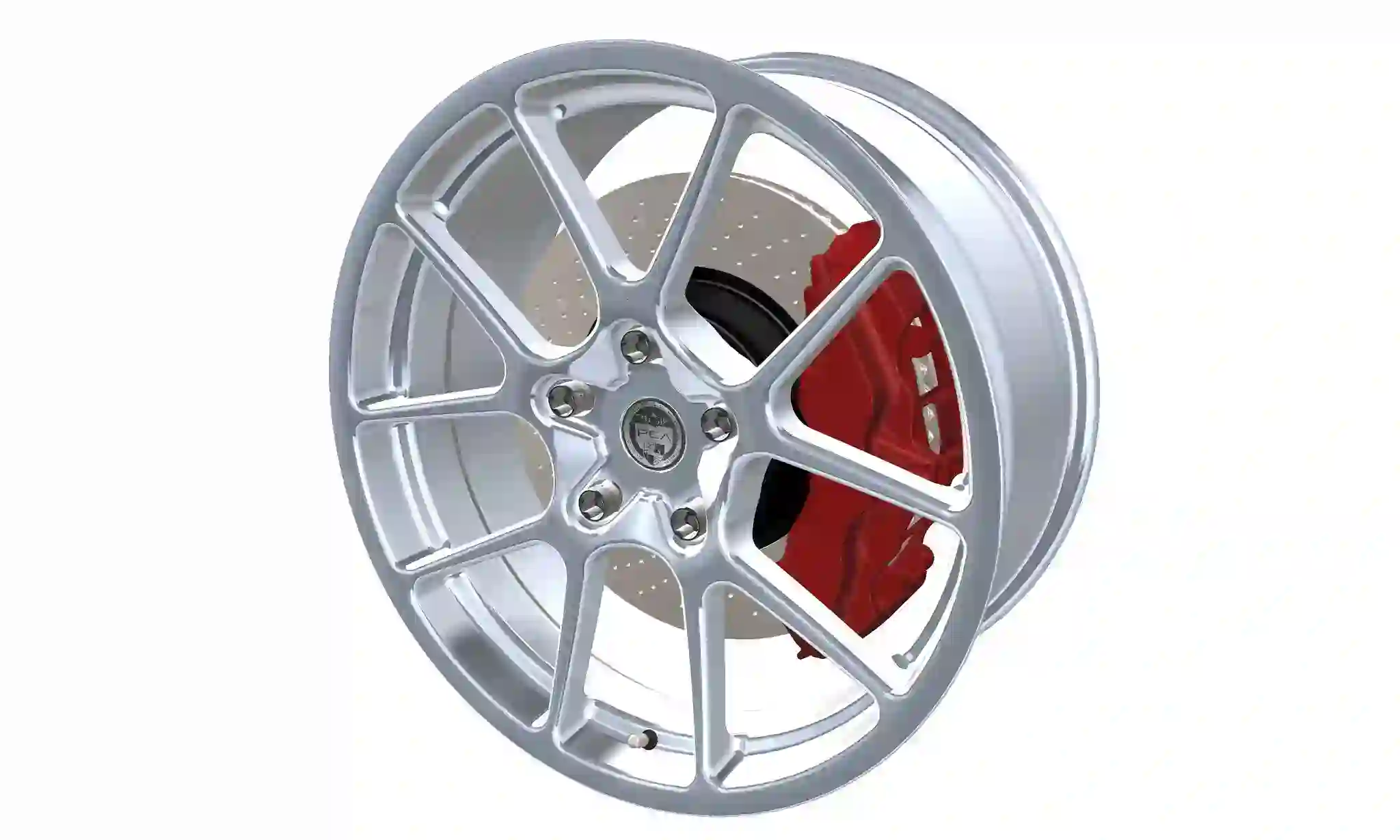 A custom rim design, built around the 3D model of the Porsche 997 disc brake